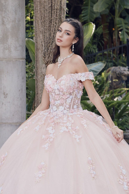 Juliet 1460J 3D Floral Appliqué Off-Shoulder Glitter Tulle Corset Quinceanera Dress