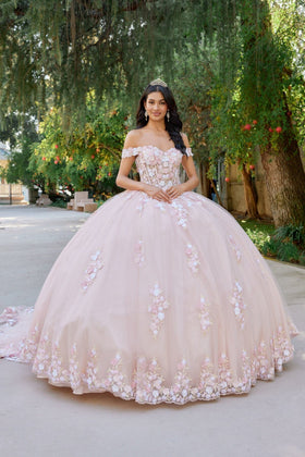 Juliet 1460J 3D Floral Appliqué Off-Shoulder Glitter Tulle Corset Quinceanera Dress