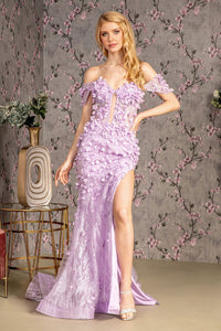 3D Floral Off Shoulder Corset Slit Gown by GLS Gloria GL3409 - XS / Lilac - Long Formal Dresses