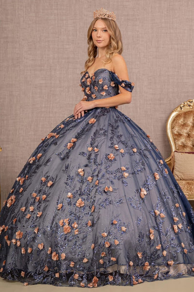 3D Floral Off Shoulder Glitter Ball Gown by Elizabeth K GL3106 - Quinceanera Dresses