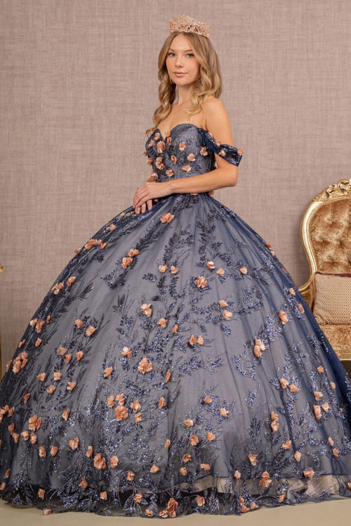 3D Floral Off Shoulder Glitter Ball Gown by Elizabeth K GL3106 - Quinceanera Dresses