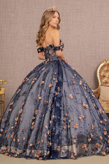 3D Floral Off Shoulder Glitter Ball Gown by Elizabeth K GL3106 - Quinceanera Dresses