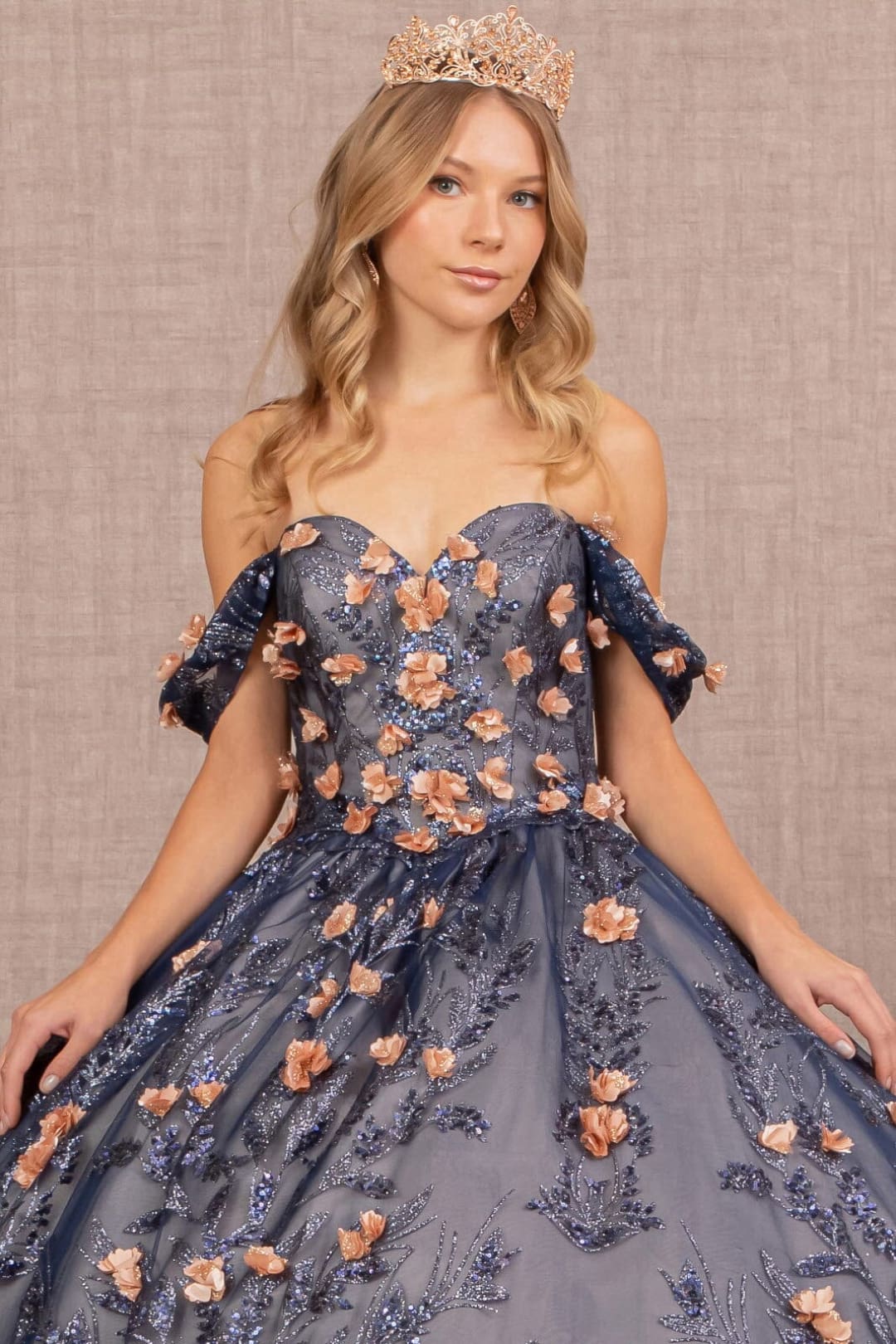 3D Floral Off Shoulder Glitter Ball Gown by Elizabeth K GL3106 - Quinceanera Dresses