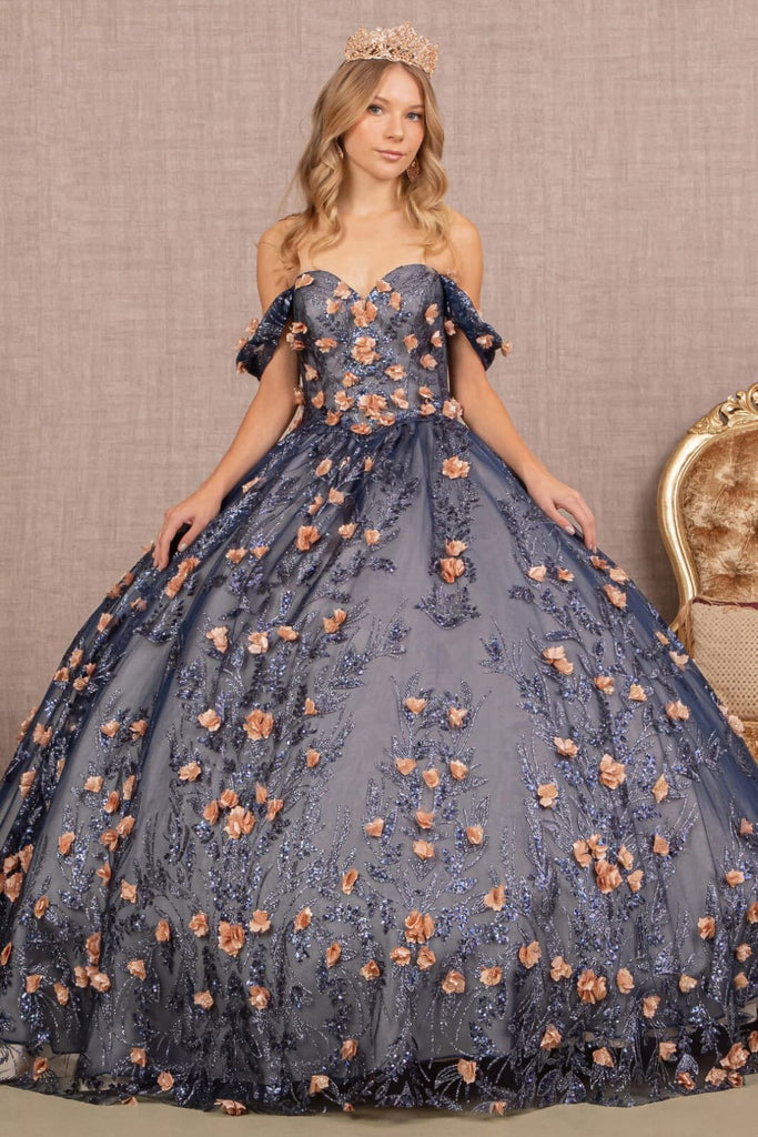 3D Floral Off Shoulder Glitter Ball Gown by Elizabeth K GL3106 - XS / Navy - Quinceanera Dresses