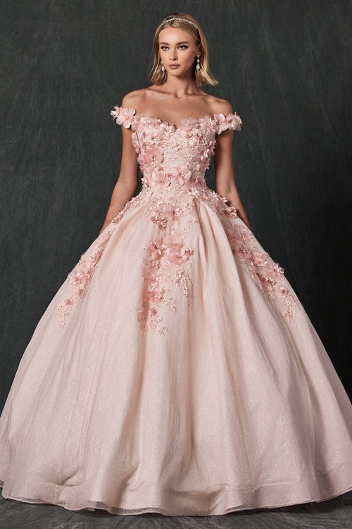 Juliet 1433 3D Floral Lace Glitter Tulle Off Shoulder Quinceanera Dress