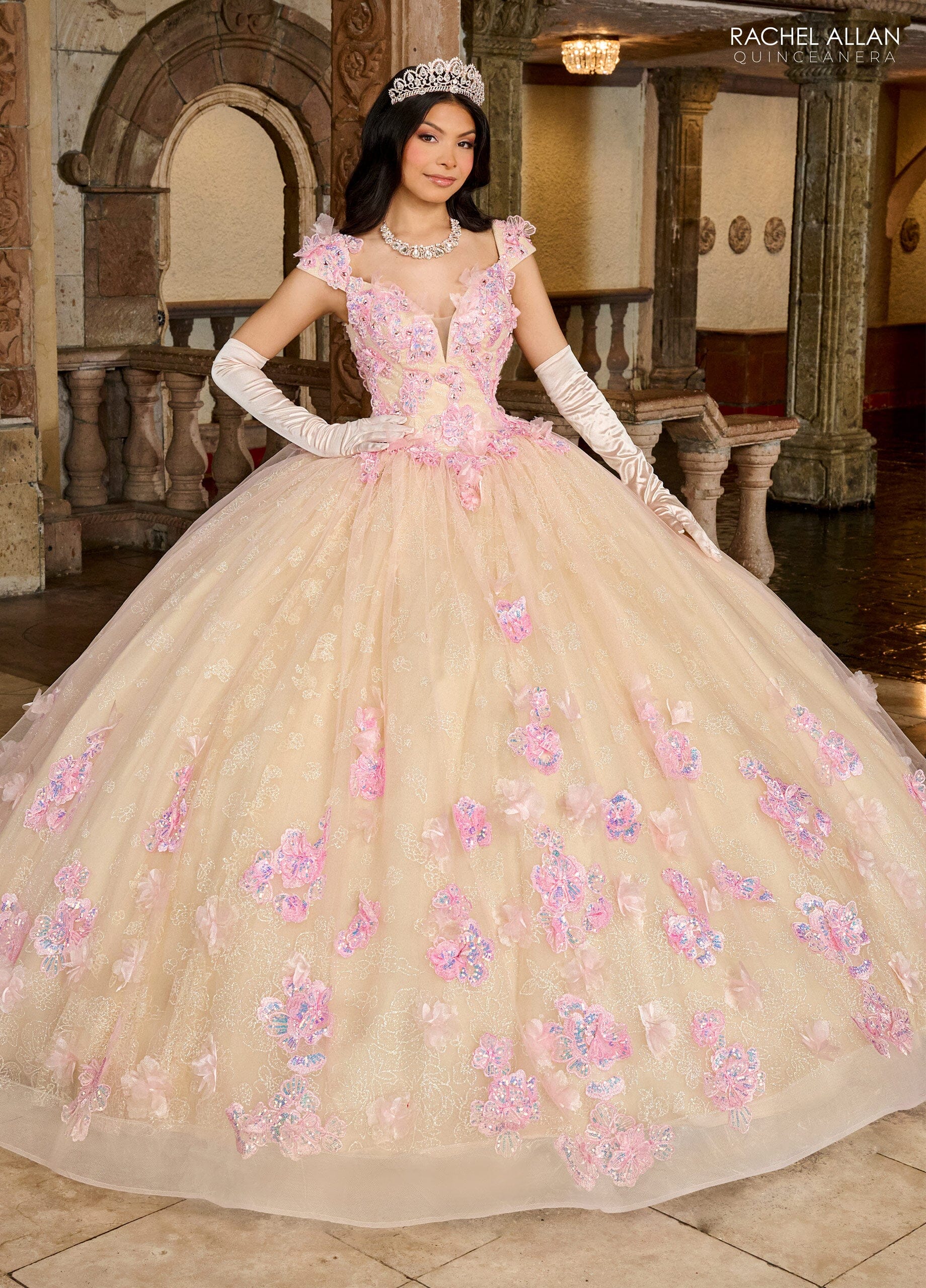 Rachel Allan RQ2190 3D Floral Off Shoulder Quinceanera Dress