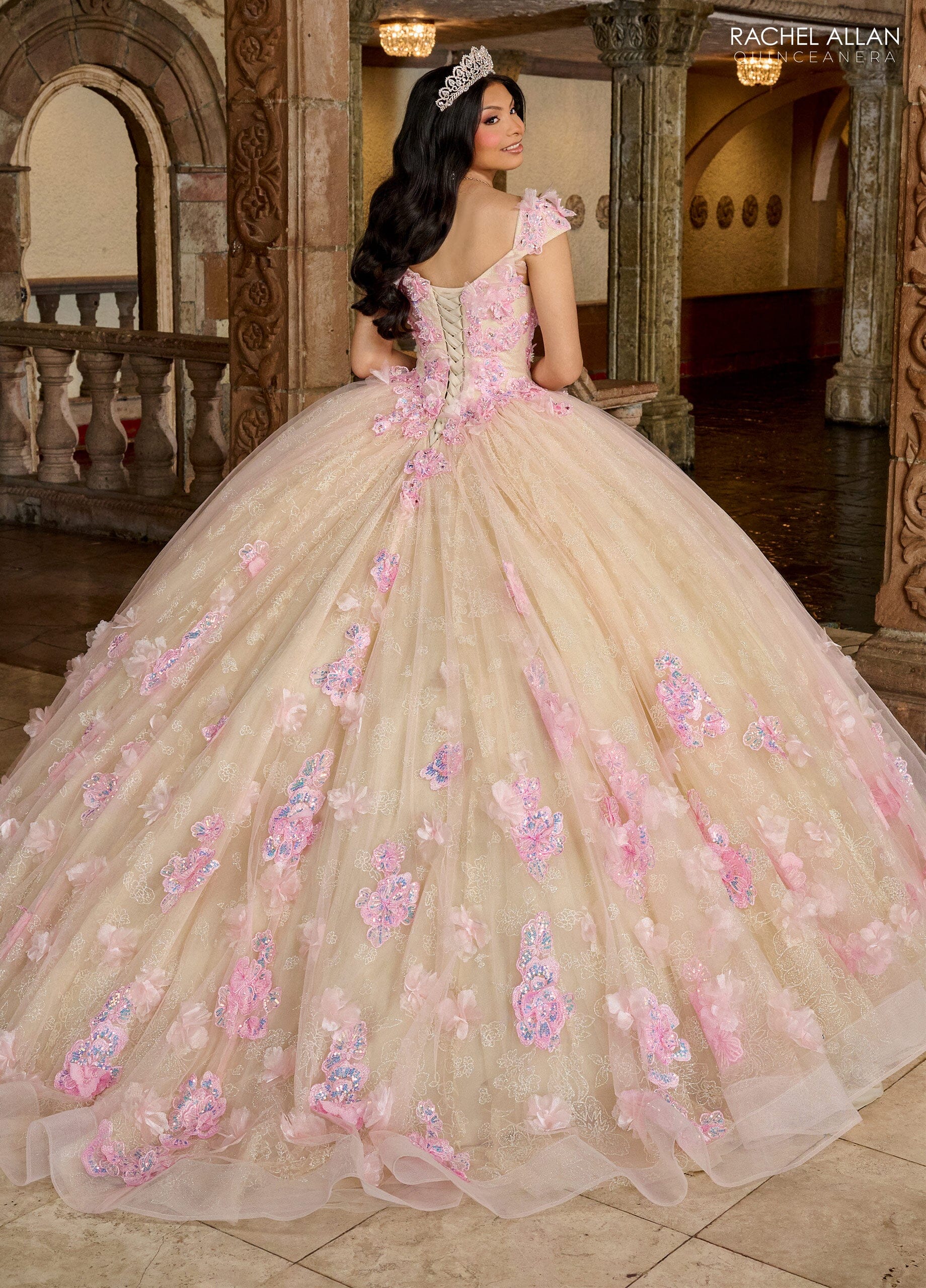 Rachel Allan RQ2190 3D Floral Off Shoulder Quinceanera Dress