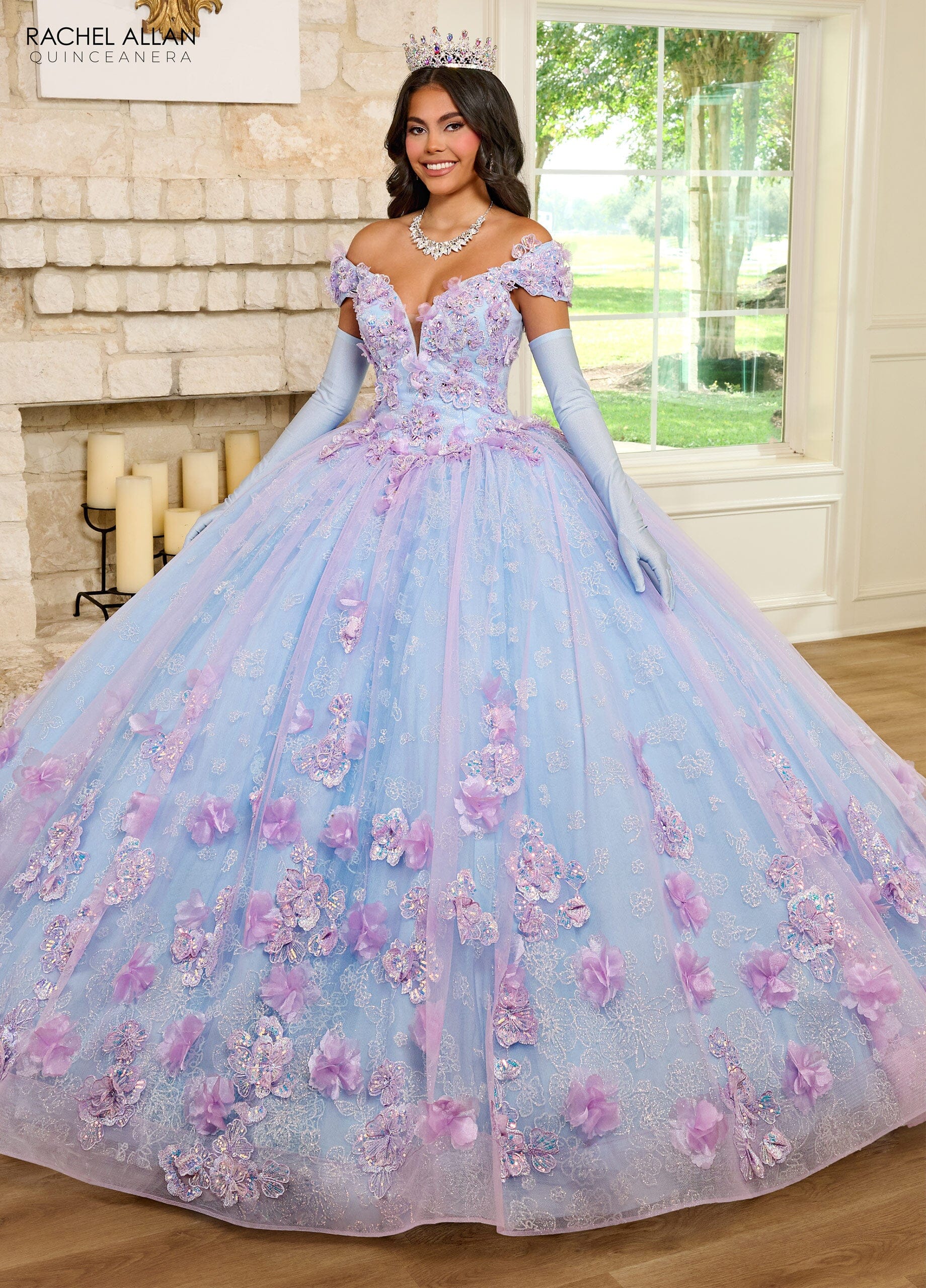 Rachel Allan RQ2190 3D Floral Off Shoulder Quinceanera Dress