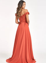 3D Floral Off Shoulder Slit Gown by Elizabeth K GL3018