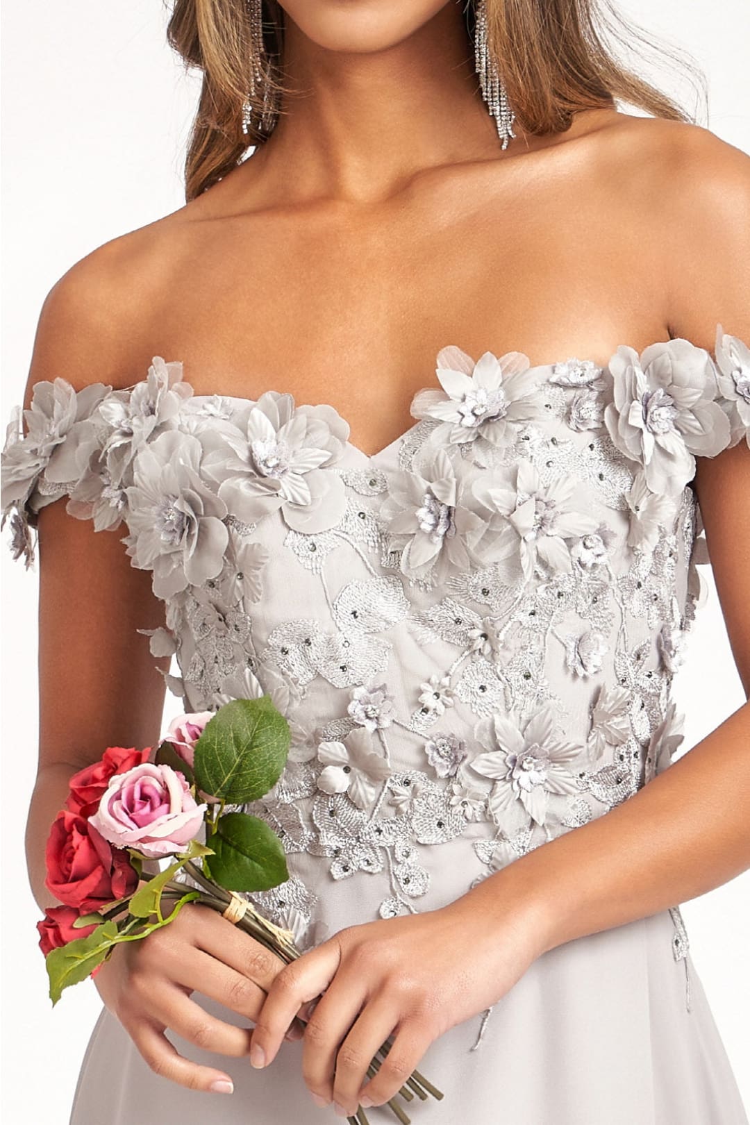 3D Floral Off Shoulder Slit Gown by Elizabeth K GL3018 - Long Formal Dresses