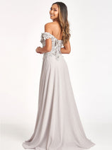 3D Floral Off Shoulder Slit Gown by Elizabeth K GL3018