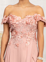 3D Floral Off Shoulder Slit Gown by Elizabeth K GL3018