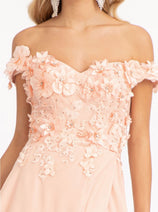 3D Floral Off Shoulder Slit Gown by Elizabeth K GL3018