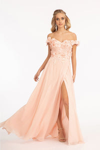 3D Floral Off Shoulder Slit Gown by Elizabeth K GL3018 - XS / Blush - Long Formal Dresses