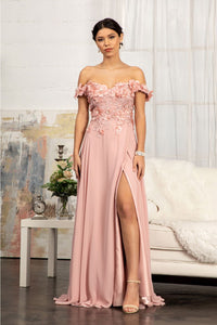 3D Floral Off Shoulder Slit Gown by Elizabeth K GL3018 - XS / Dusty Rose - Long Formal Dresses