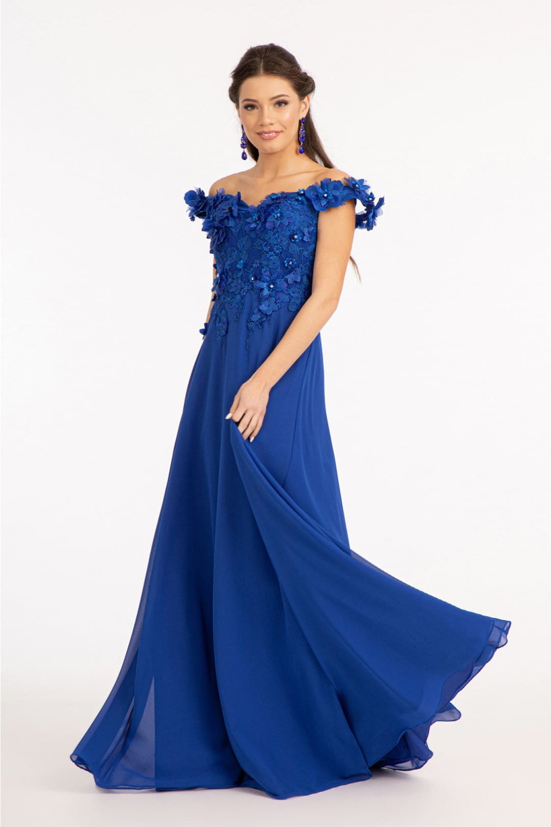 3D Floral Off Shoulder Slit Gown by Elizabeth K GL3018 - XS / Royal Blue - Long Formal Dresses