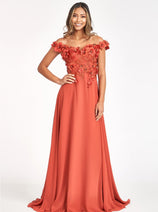 3D Floral Off Shoulder Slit Gown by Elizabeth K GL3018