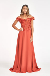 3D Floral Off Shoulder Slit Gown by Elizabeth K GL3018 - XS / Sienna - Long Formal Dresses