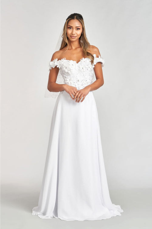 3D Floral Off Shoulder Slit Gown by Elizabeth K GL3018 - XS / White - Long Formal Dresses