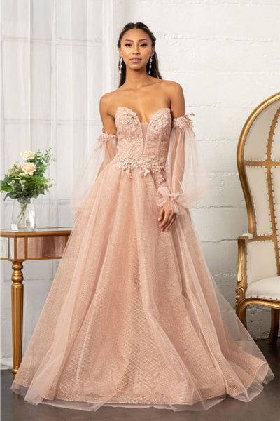 3D Floral Puff Sleeve Gown by Elizabeth K GL3015 - Long Formal Dresses