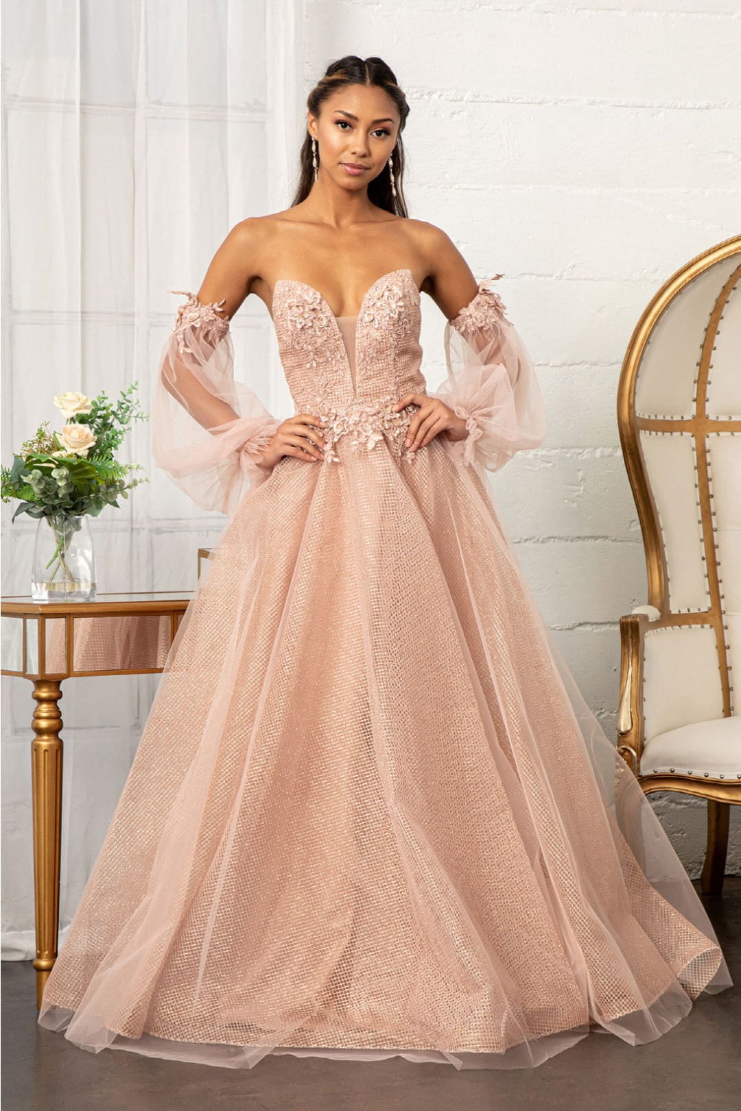 3D Floral Puff Sleeve Gown by Elizabeth K GL3015 - XS / Rose Gold - Long Formal Dresses