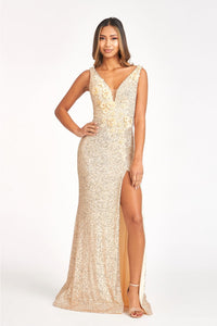 3D Floral Sequin Mermaid Dress by Elizabeth K GL3056 - XS / Gold - Long Formal Dresses