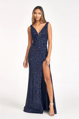 3D Floral Sequin Mermaid Dress by Elizabeth K GL3056 - XS / Navy - Long Formal Dresses