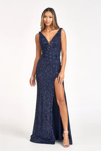 3D Floral Sequin Mermaid Dress by Elizabeth K GL3056 - XS / Navy - Long Formal Dresses