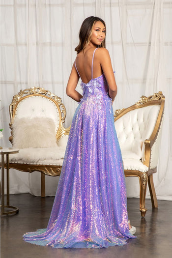 3D Floral Sequin Slit Gown by Elizabeth K GL3027 - Long Formal Dresses