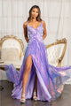 3D Floral Sequin Slit Gown by Elizabeth K GL3027 - XS / Purple - Long Formal Dresses