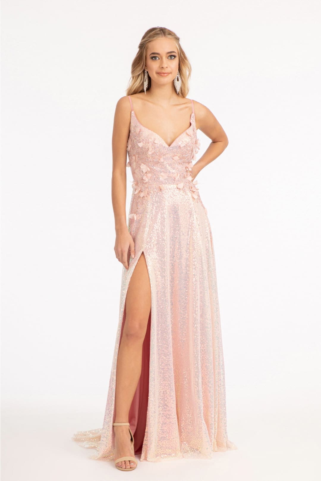 3D Floral Sequin Slit Gown by Elizabeth K GL3027 - XS / Rose Gold - Long Formal Dresses
