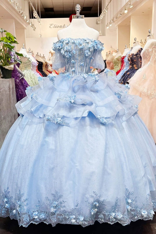 3D Floral Sheer Bodice Ball Gown by Elizabeth K GL3180 - XS / Baby Blue - Quinceanera Dresses