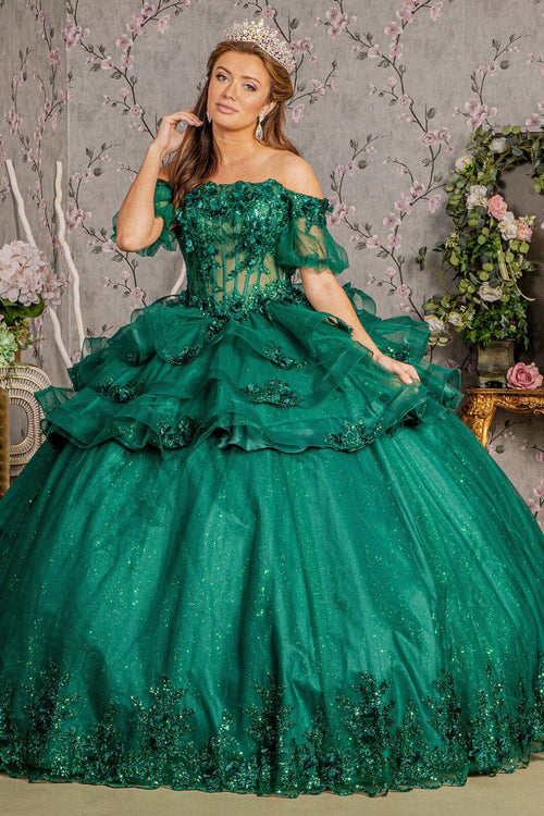 3D Floral Sheer Bodice Ball Gown by Elizabeth K GL3180 - XS / Hunter Green - Quinceanera Dresses