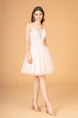 3D Floral Short A-line Dress by Elizabeth K GS3094 - XS / Blush - Short Cocktail Dresses