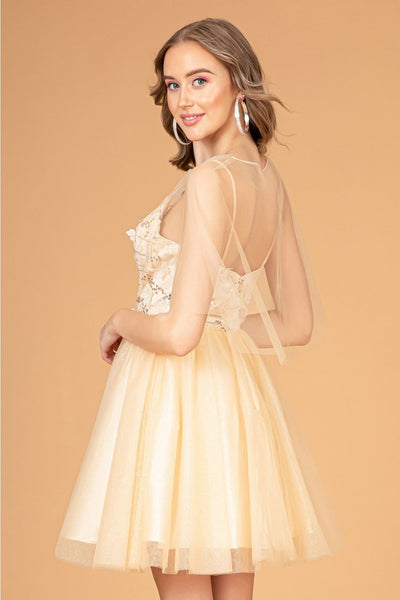 3D Floral Short Glitter Cape Dress by Elizabeth K GS3089 - Short Cocktail Dresses