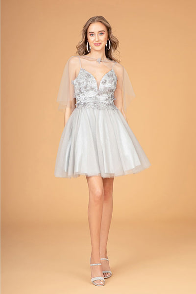 3D Floral Short Glitter Cape Dress by Elizabeth K GS3089 - XS / Silver - Short Cocktail Dresses