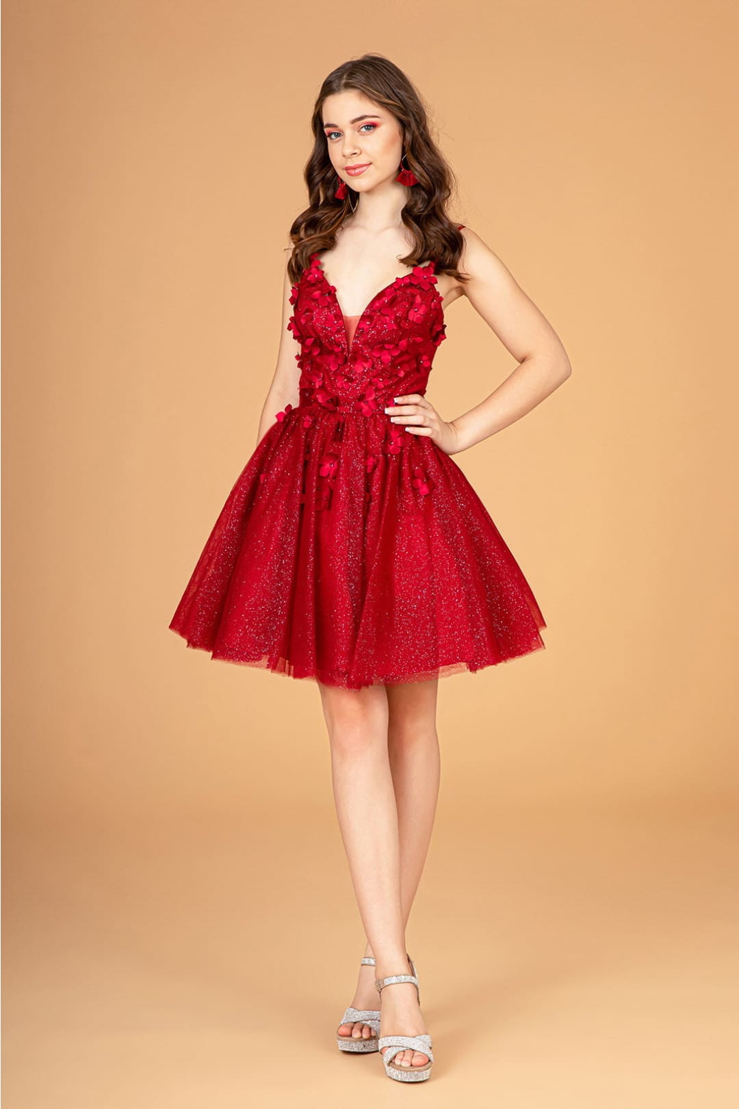 short burgundy dama dresses V Neck Backless Layered Burgundy Lace Short Prom Dress, Short Maroon L abcprom