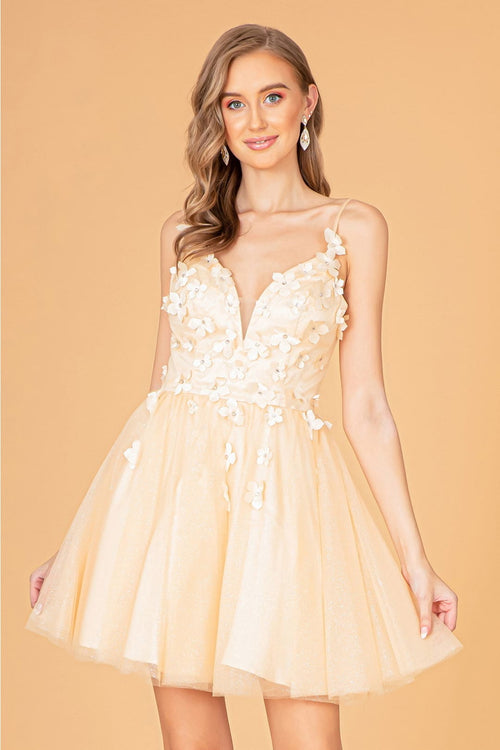 3D Floral Short Glitter Dress by Elizabeth K GS3090 - XS / Champagne - Short Cocktail Dresses