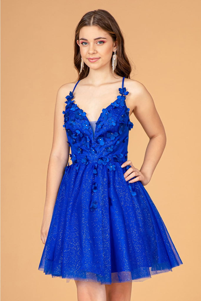 3D Floral Short Glitter Dress by Elizabeth K GS3090 - XS / Royal Blue - Short Cocktail Dresses