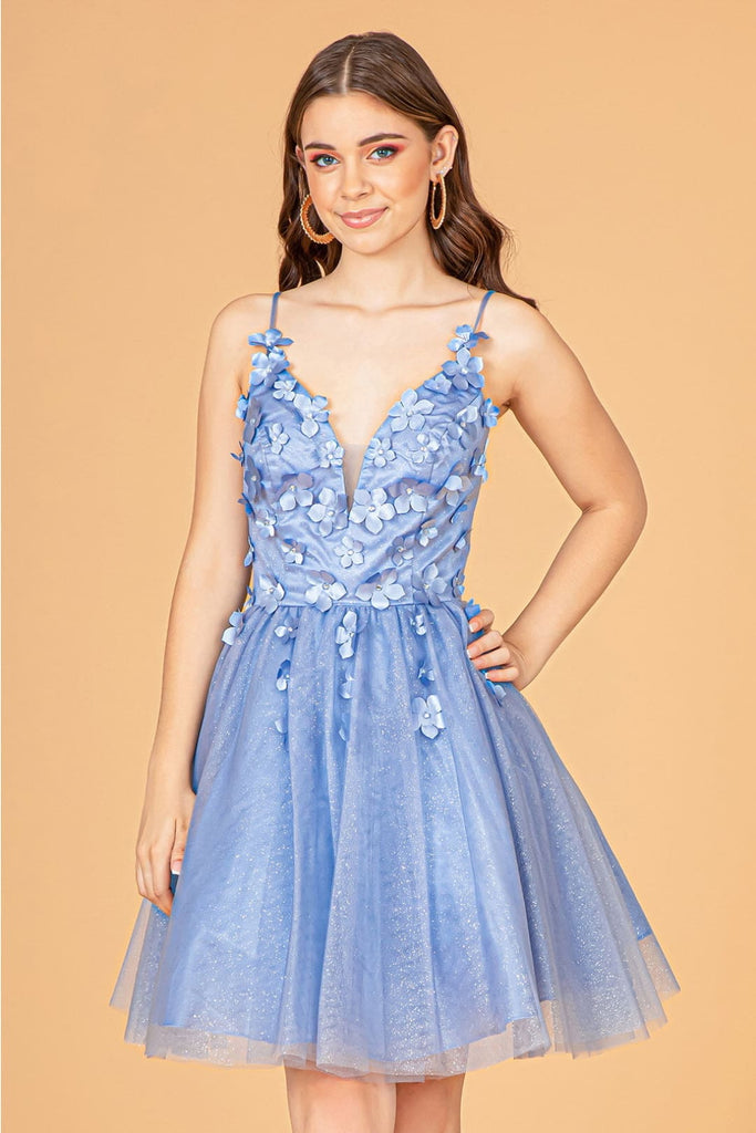 3D Floral Short Glitter Dress by Elizabeth K GS3090 - XS / Smoky Blue - Short Cocktail Dresses