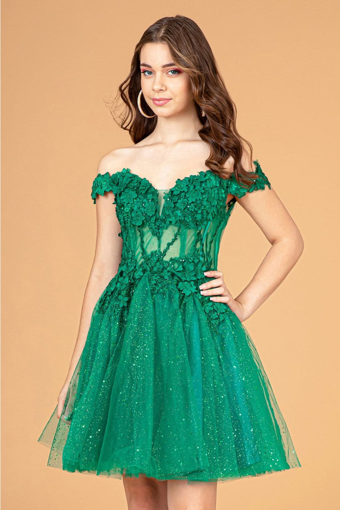 3D Floral Short Off Shoulder Dress by Elizabeth K GS3096 - XS / Green - Short Cocktail Dresses