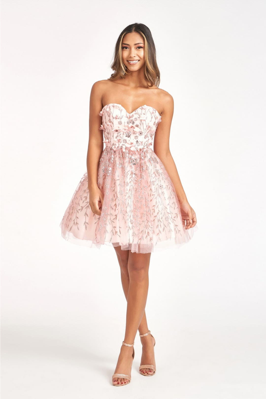 3D Floral Short Strapless Dress by Elizabeth K GS1995 - XS / Blush - Short Cocktail Dresses