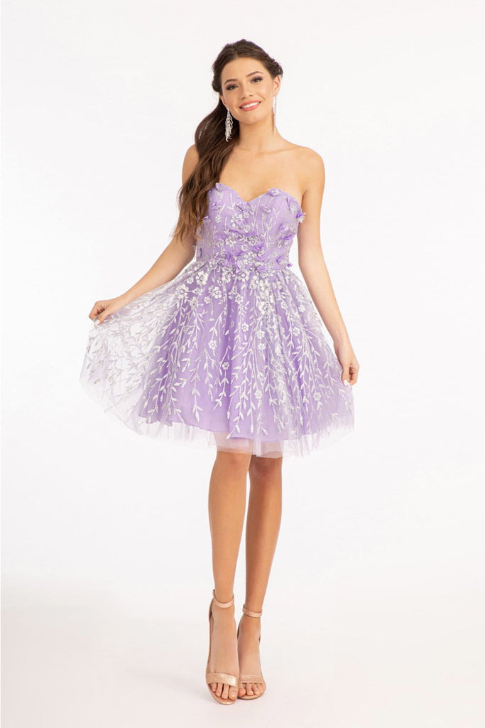 3D Floral Short Strapless Dress by Elizabeth K GS1995 - XS / Lilac - Short Cocktail Dresses