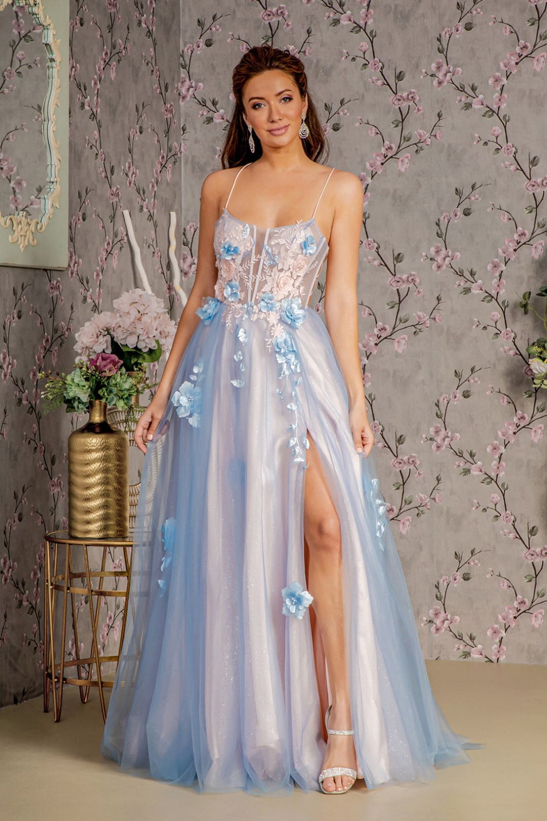 3D Floral Sleeveless A-line Slit Gown by GLS Gloria GL3250 2XL / Blue/Peach