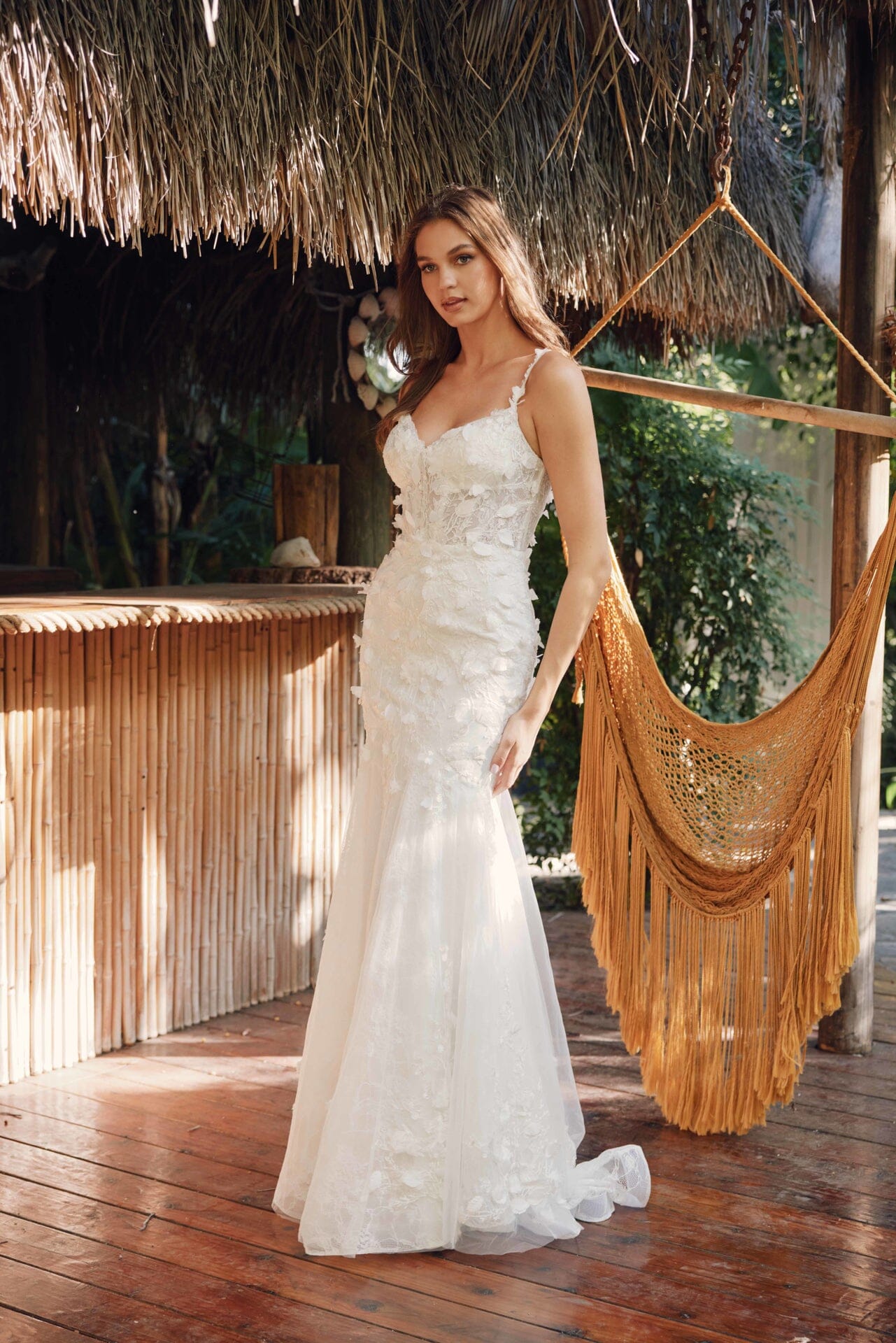 3D Floral Tulle Mermaid Dress with Lace Appliqué Corset 2475UW by Juliet Off White / 2XL