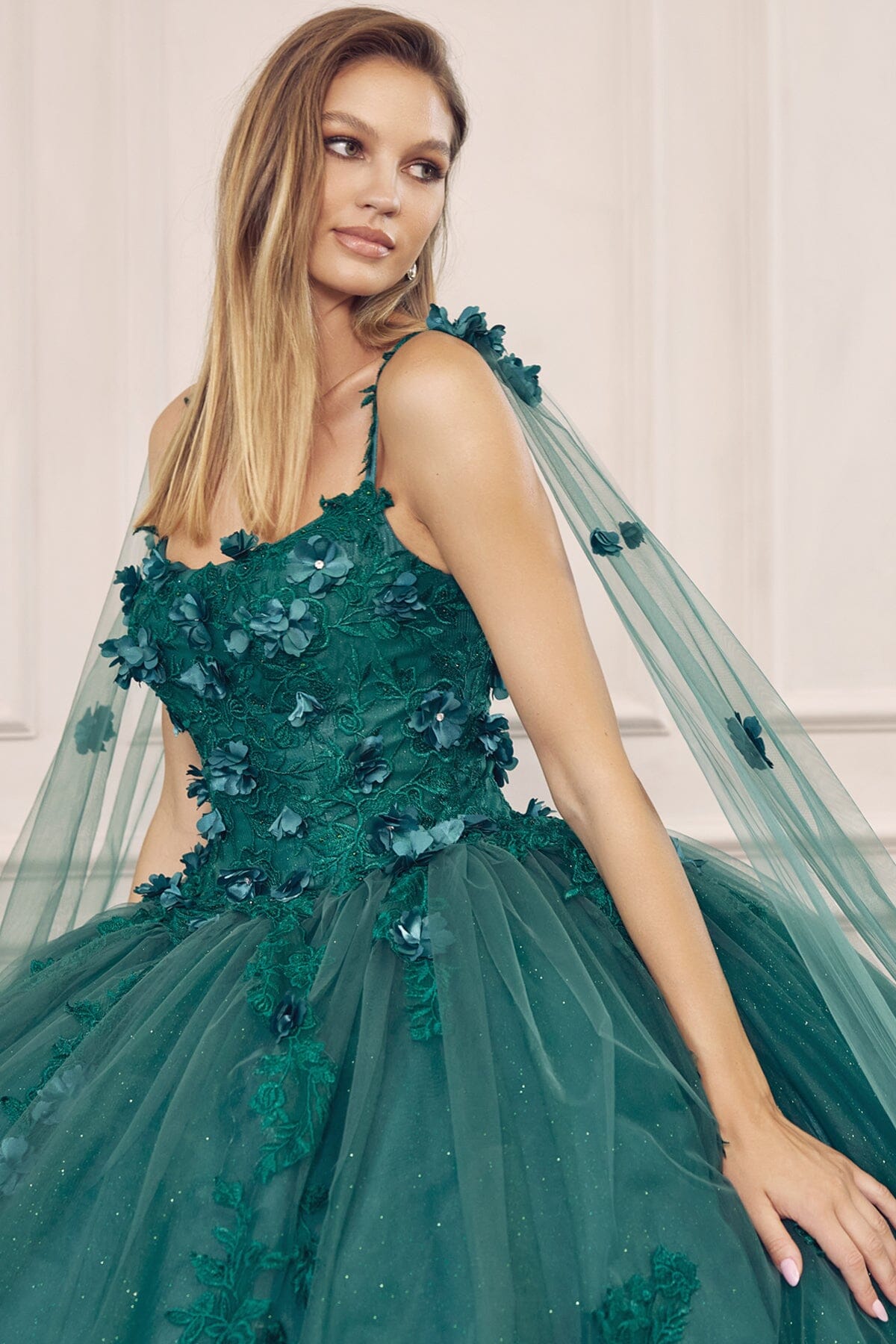 Juliet 1436 3D Floral Applique Glitter Tulle Cape Dress