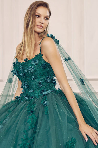 Juliet 1436 3D Floral Applique Glitter Tulle Cape Dress