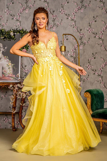 3D Floral Sleeveless Ruffled A-line Gown by GLS Gloria GL3356 - XS / Yellow - Long Formal Dresses