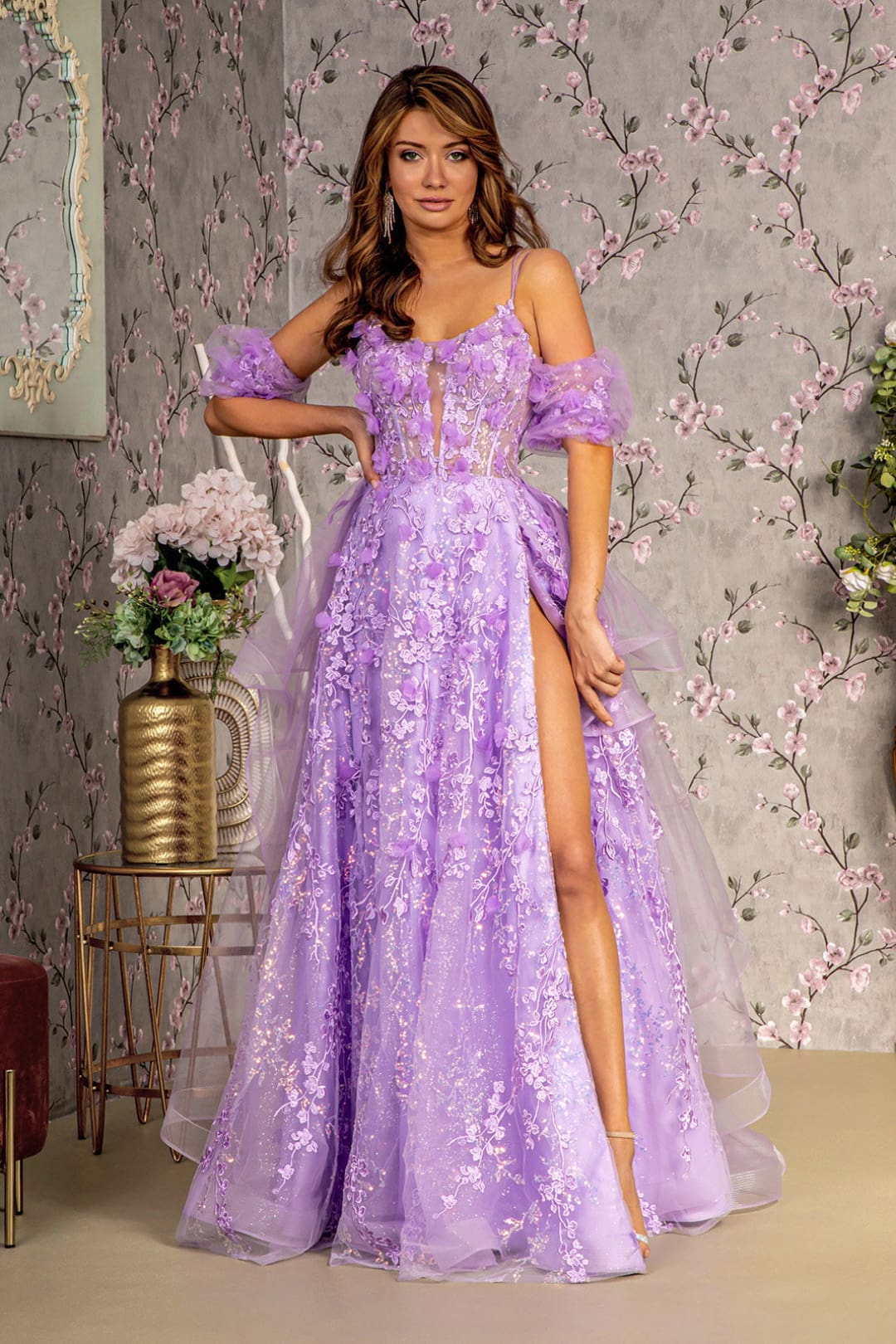 3D Floral Sleeveless Tiered Slit Gown by GLS Gloria GL3358 - XS / Lilac - Long Formal Dresses