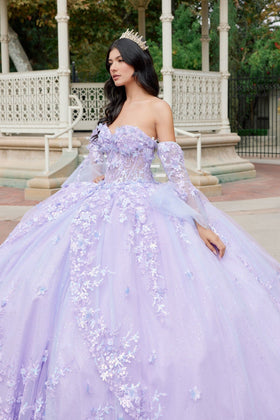 Juliet JT1459J 3D Floral Strapless Bell Sleeve Ball Gown with A-Line Skirt and Sweetheart Neckline